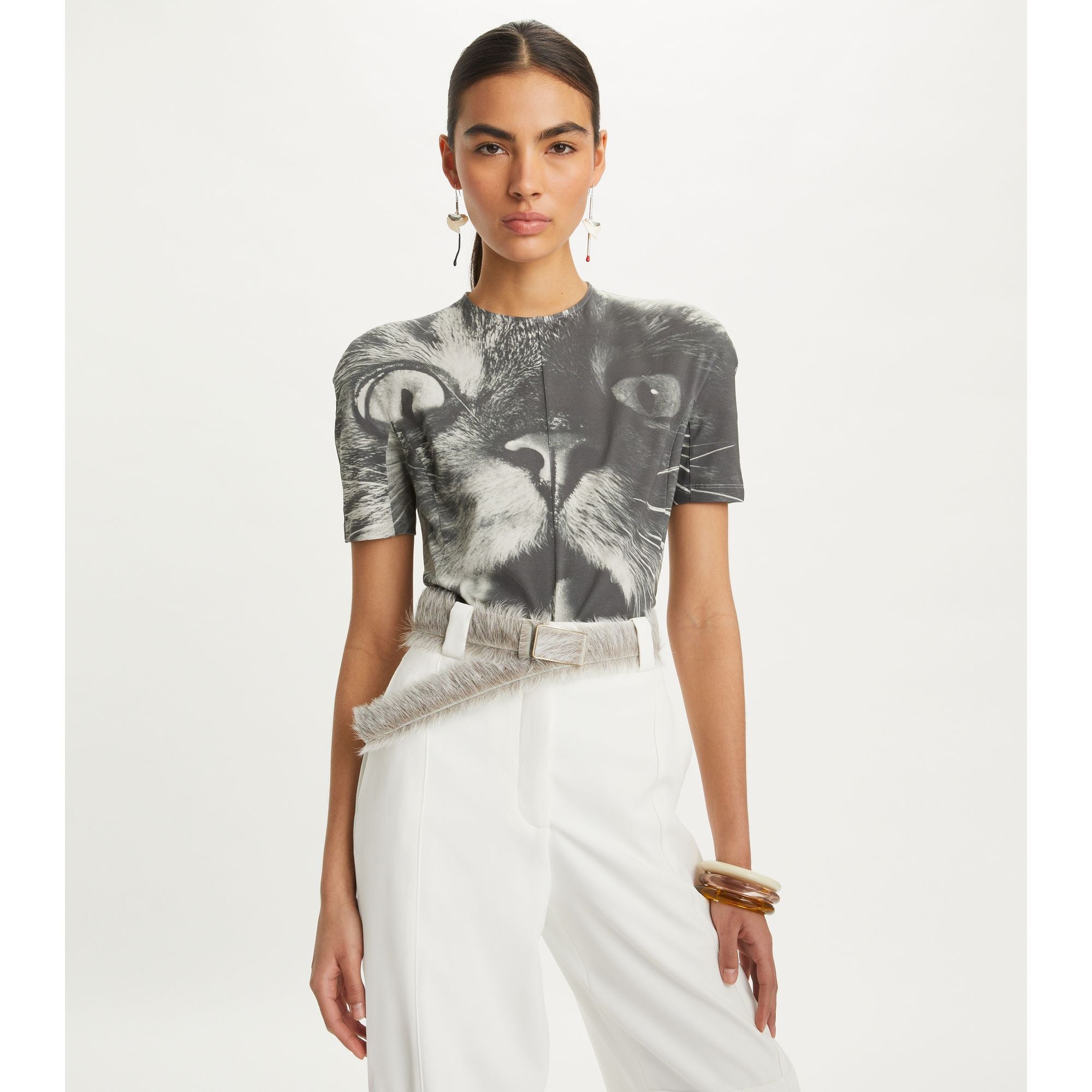 Women Cat Printed T-Shirt - Gray Cat Portrait