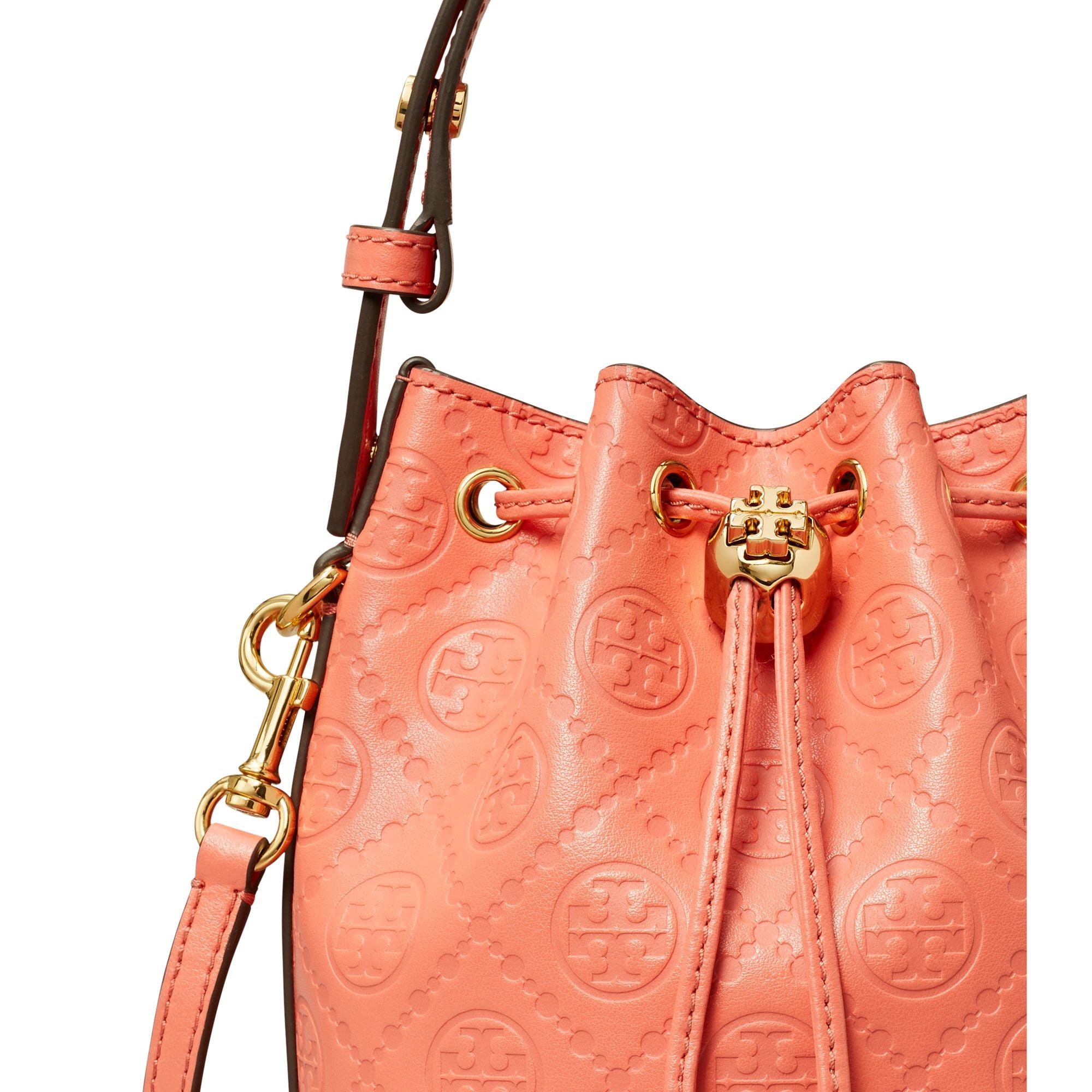 Women T Monogram Leather Mini Bucket Bag - Coral Crush