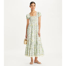 Women Printed Cotton Smocked Dress - Beige Meadow