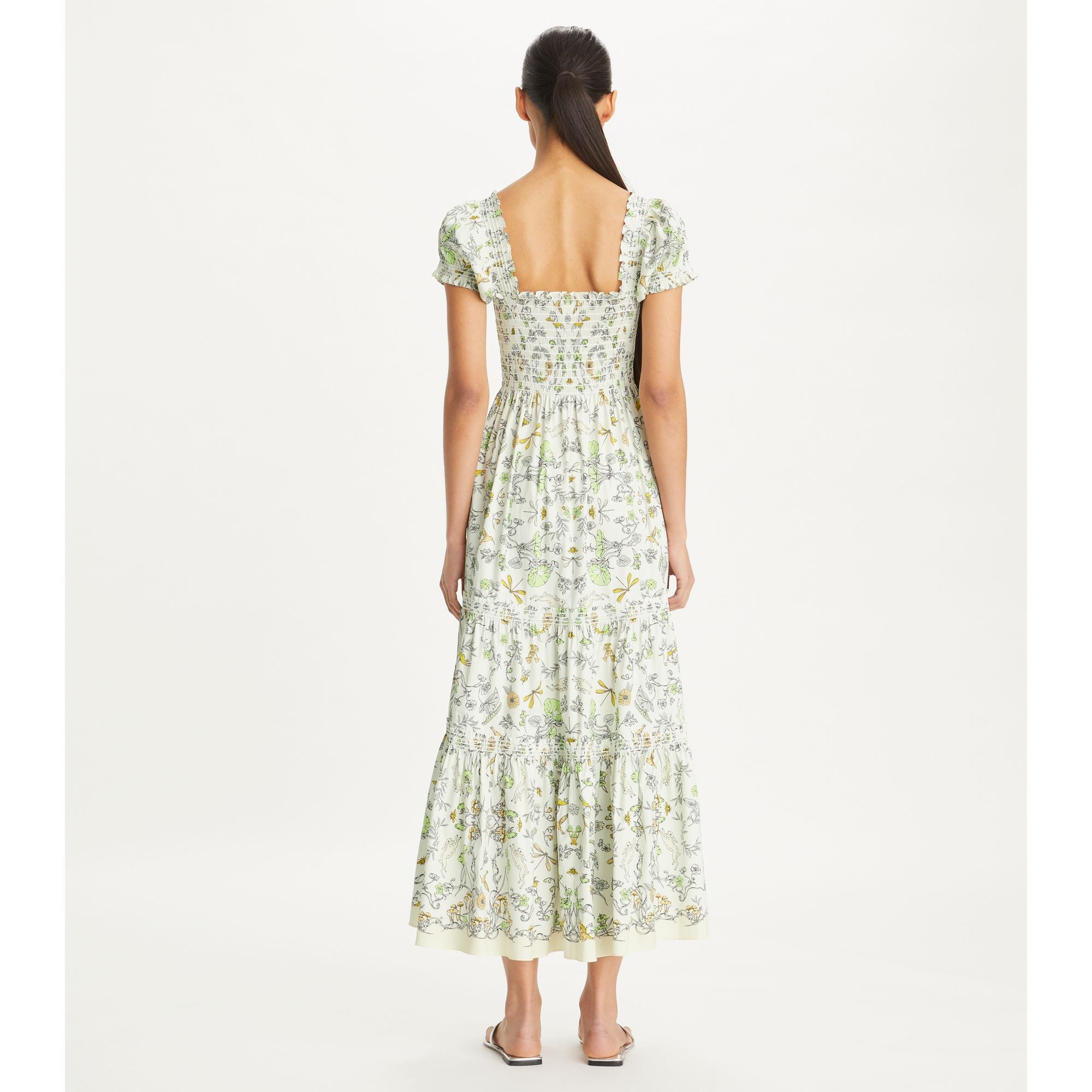 Women Printed Cotton Smocked Dress - Beige Meadow