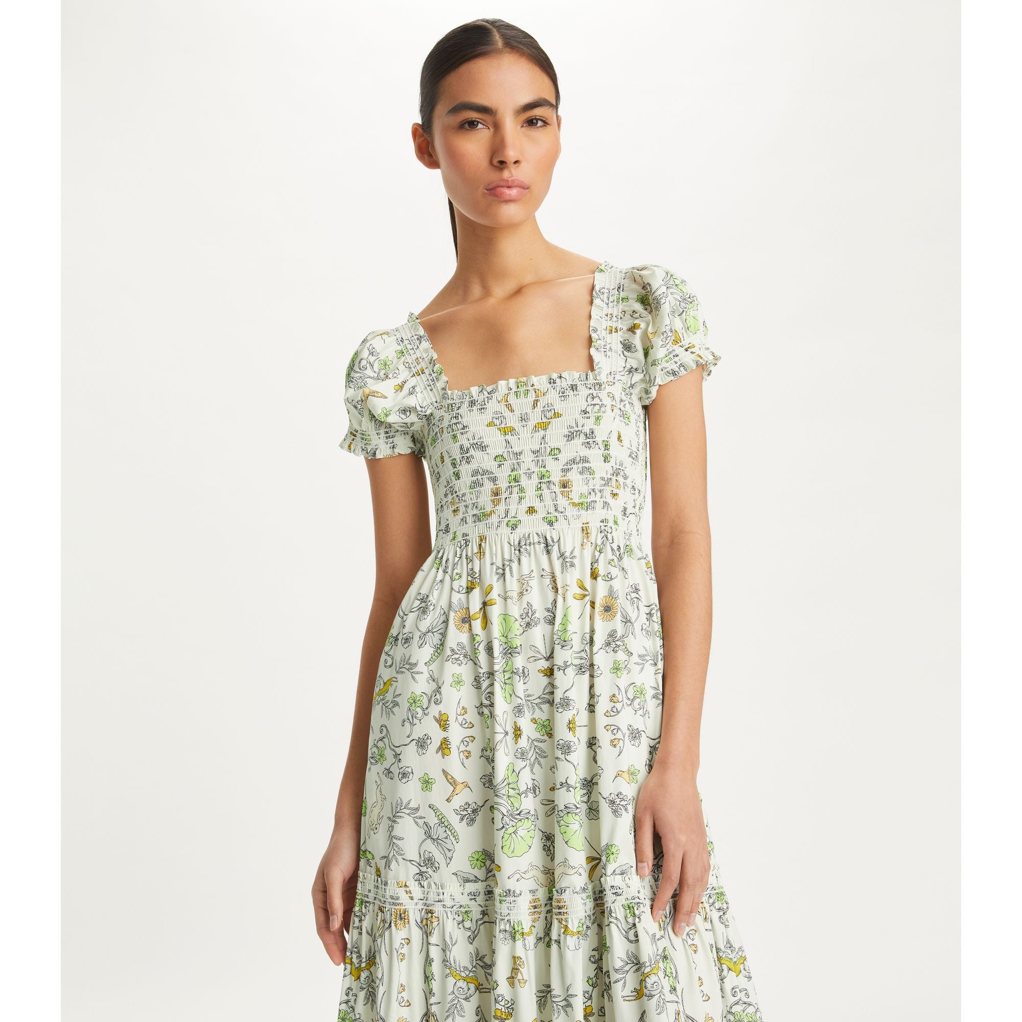 Women Printed Cotton Smocked Dress - Beige Meadow