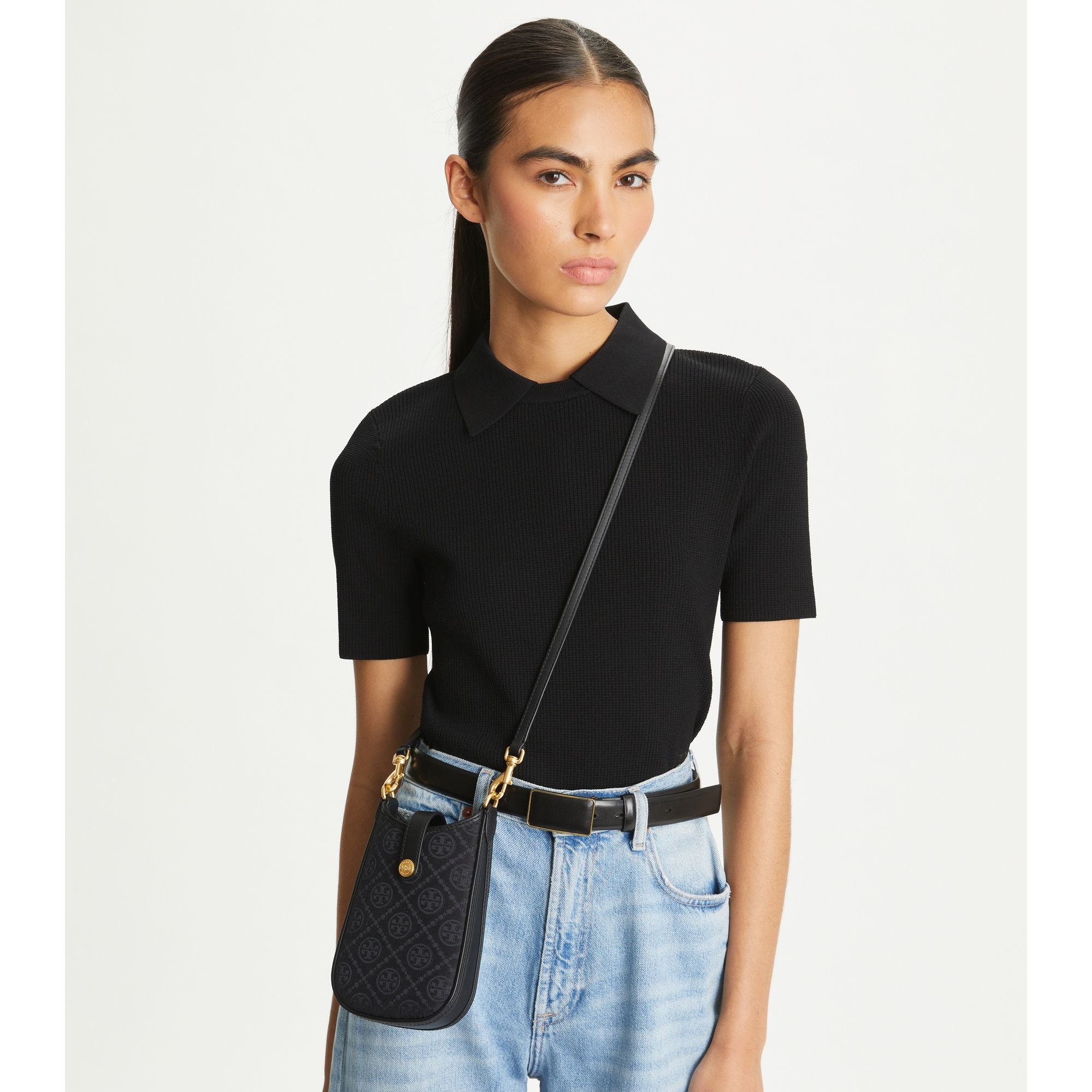 Women T Monogram Phone Crossbody - Black
