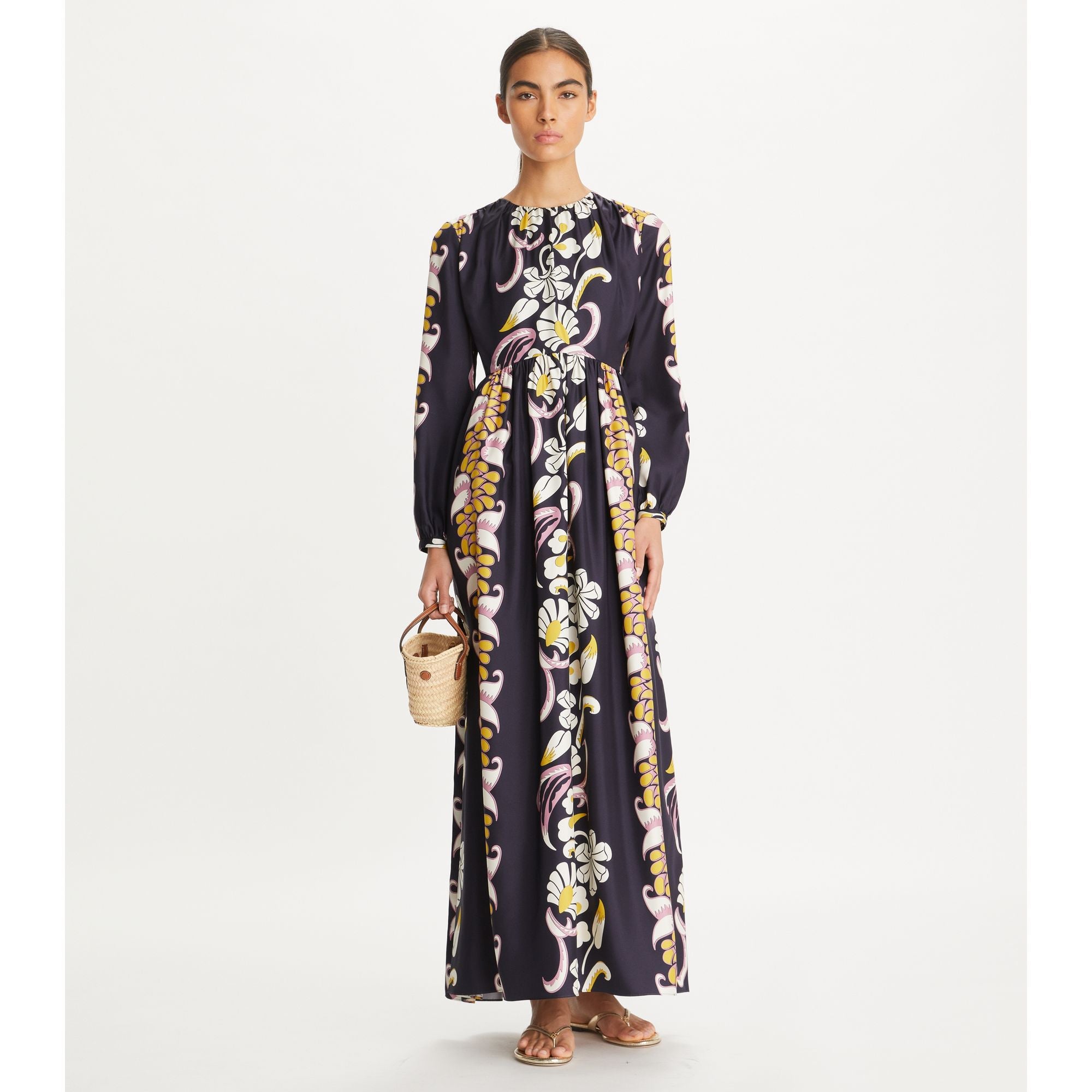 Women Silk Printed Dress - Pink Tropical Border