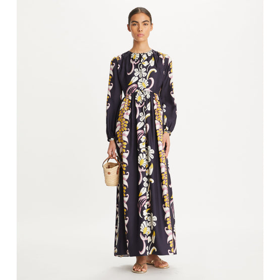 Women Silk Printed Dress - Pink Tropical Border
