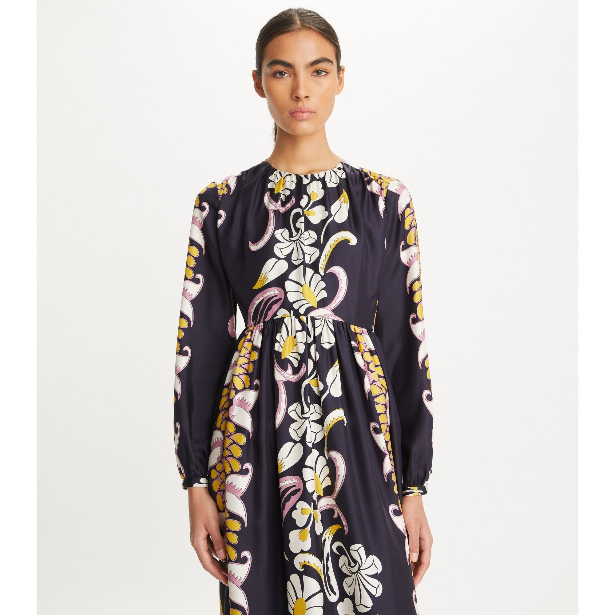 Women Silk Printed Dress - Pink Tropical Border