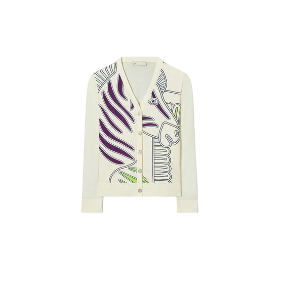 Women Silk Front Cardigan - New Ivory / Ivory Zebra