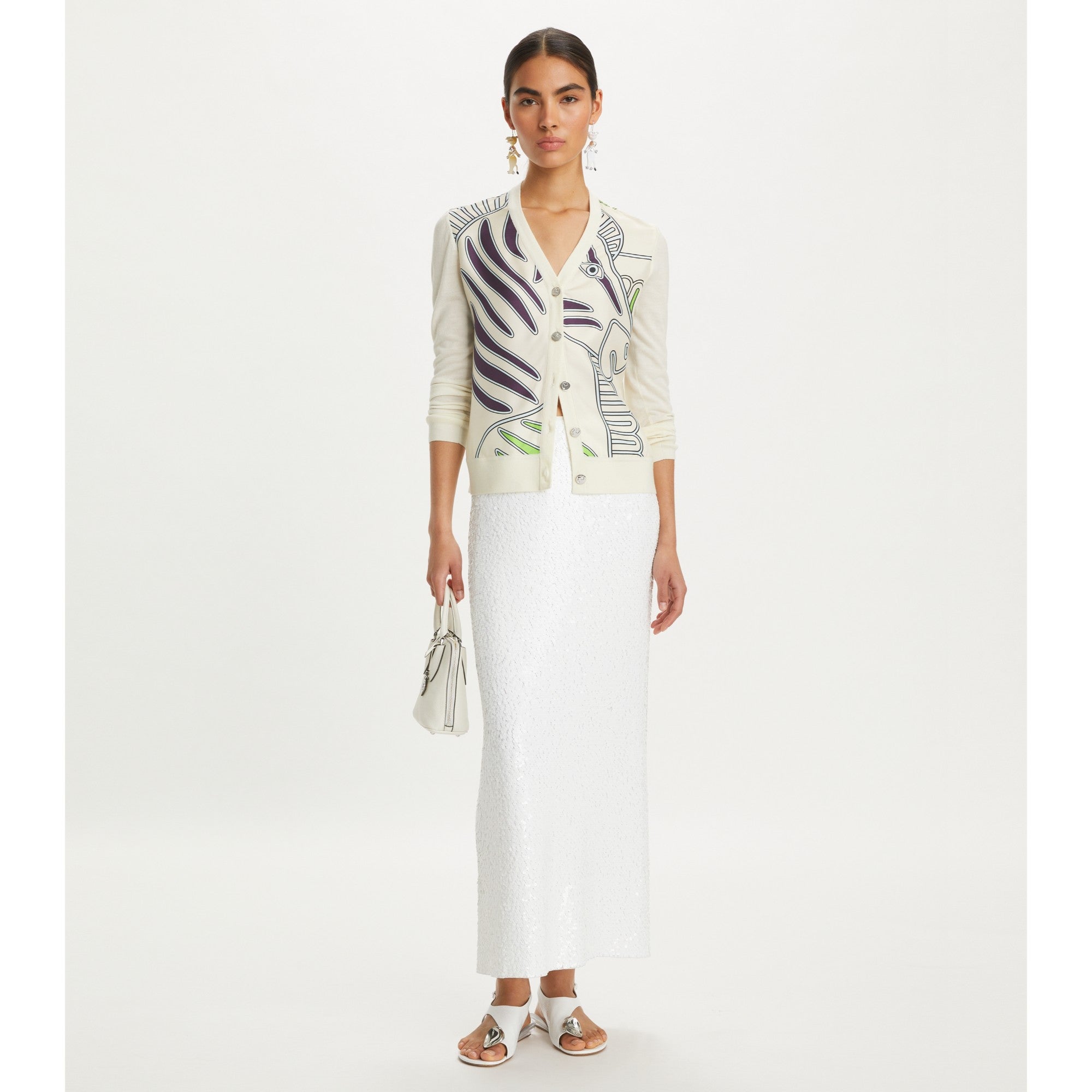 Women Silk Front Cardigan - New Ivory / Ivory Zebra