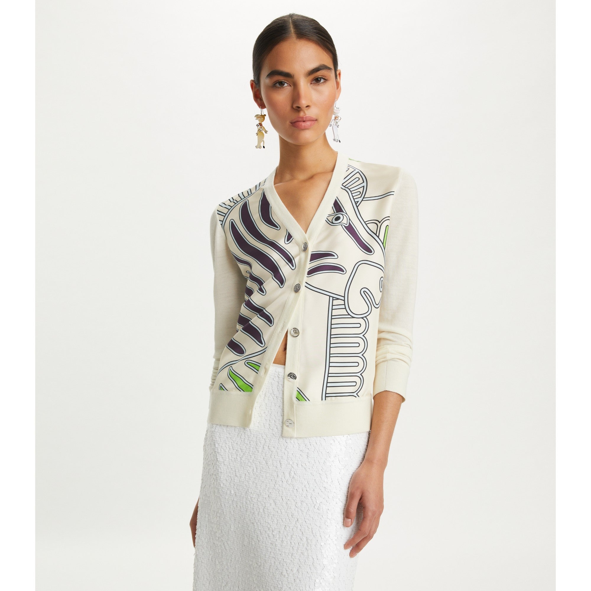 Women Silk Front Cardigan - New Ivory / Ivory Zebra