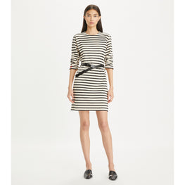 Women Scrunched-Sleeve Jersey T-Shirt Dress - Ivory / Black