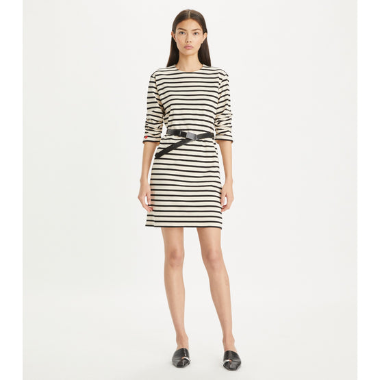 Women Scrunched-Sleeve Jersey T-Shirt Dress - Ivory / Black