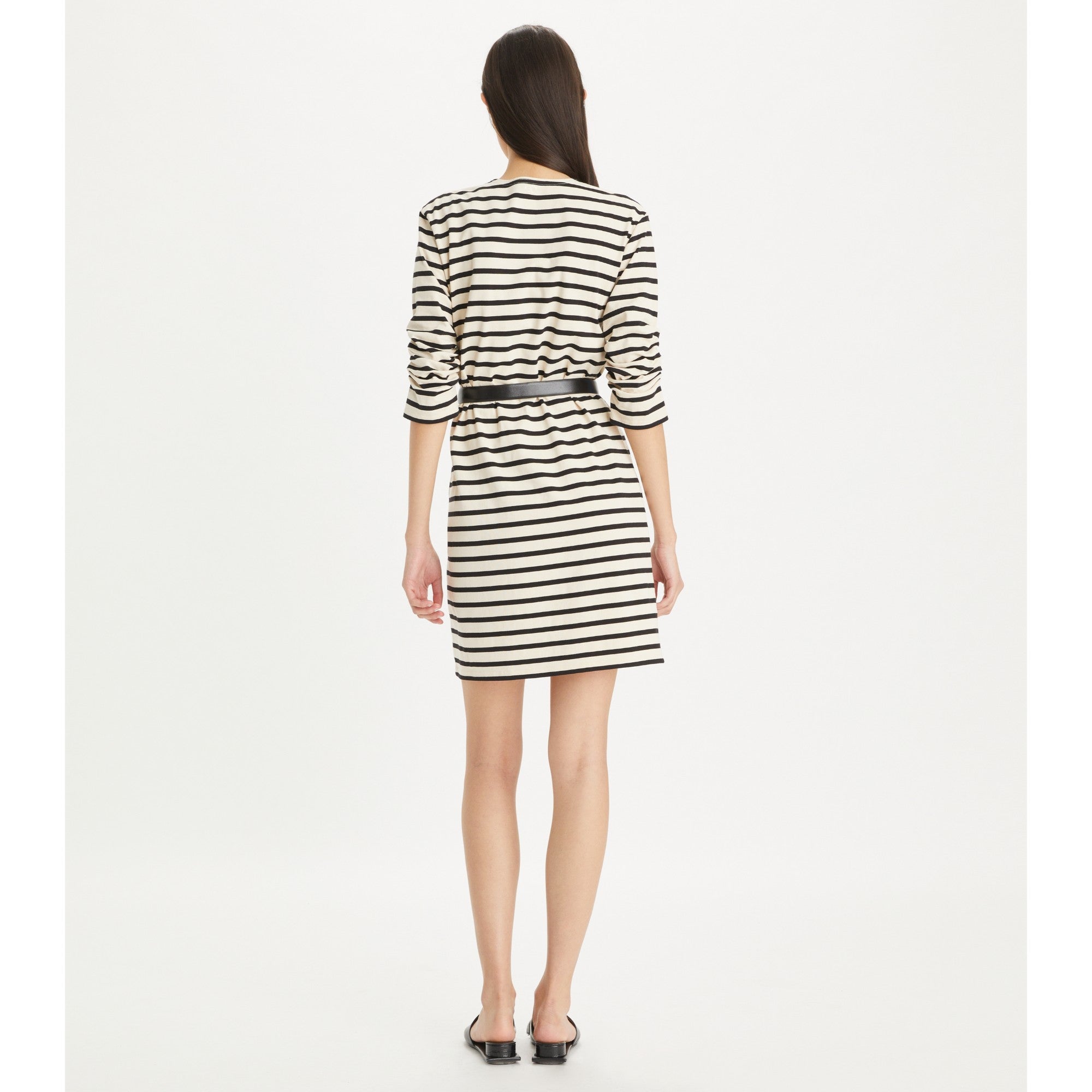 Women Scrunched-Sleeve Jersey T-Shirt Dress - Ivory / Black