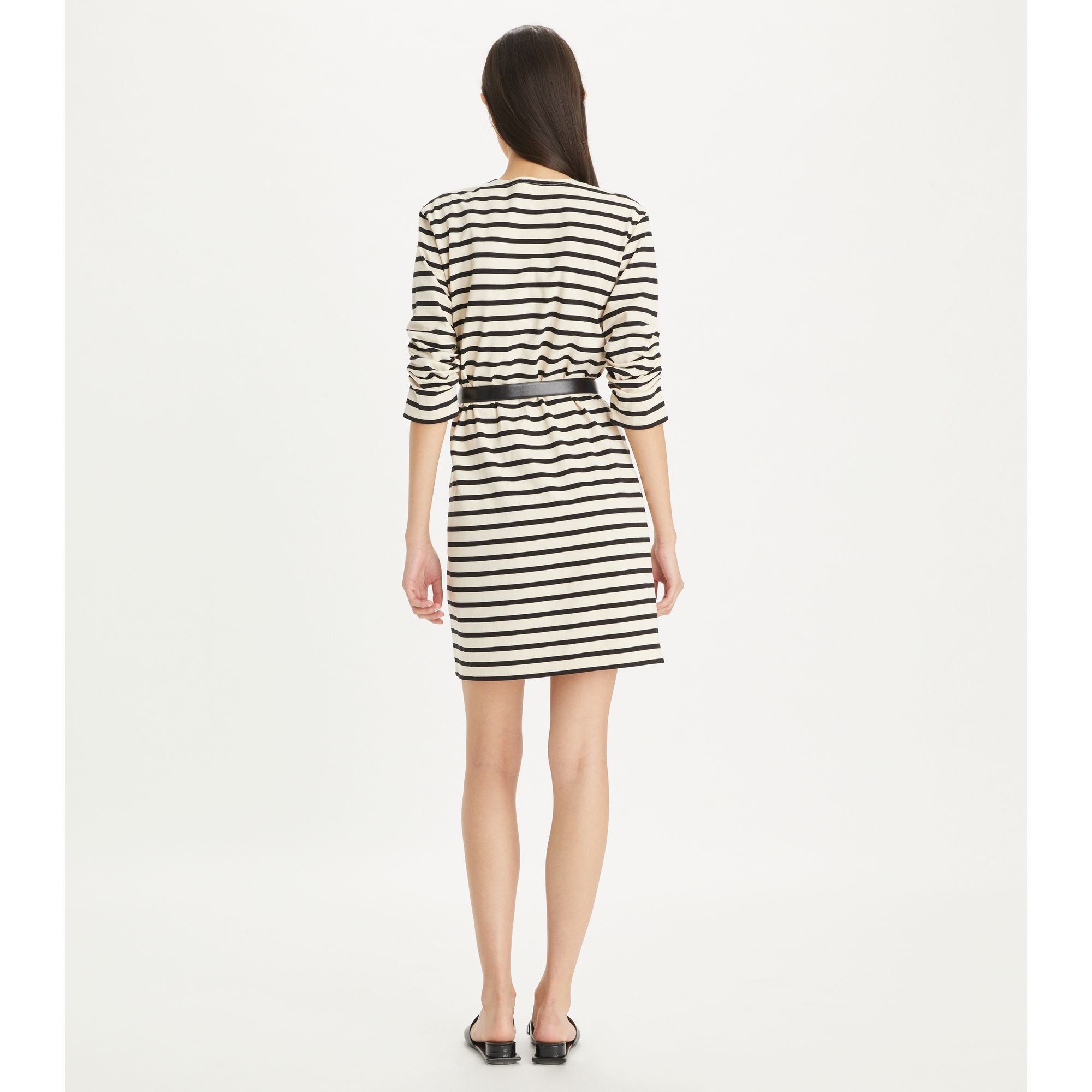 Women Scrunched-Sleeve Jersey T-Shirt Dress - Ivory / Black