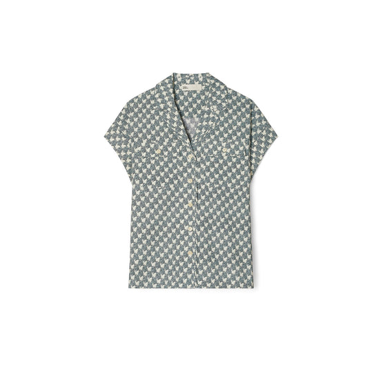 Women Printed Cotton Poplin Camp Shirt - Blue Mini Zebra