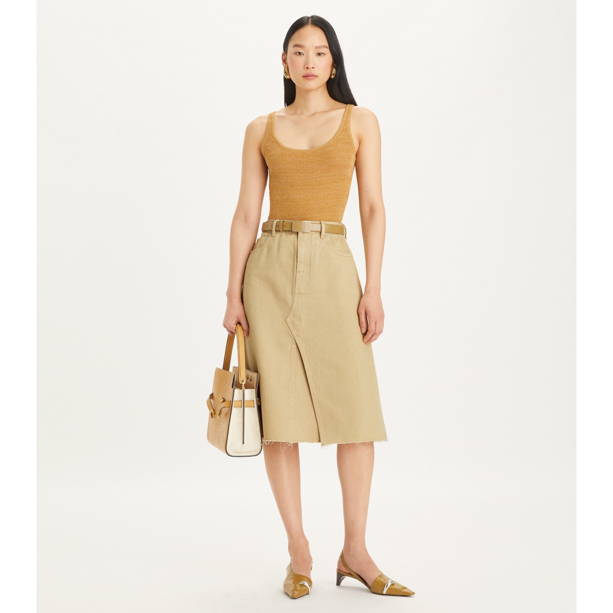 Women Deconstructed Denim Midi Skirt - Khaki