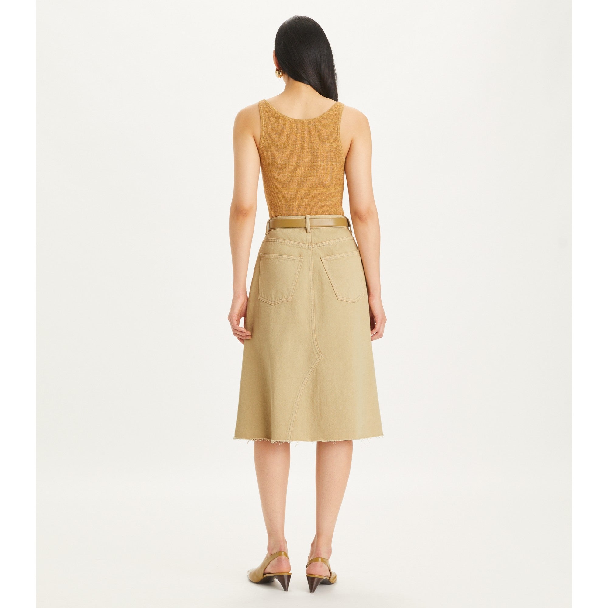 Women Deconstructed Denim Midi Skirt - Khaki