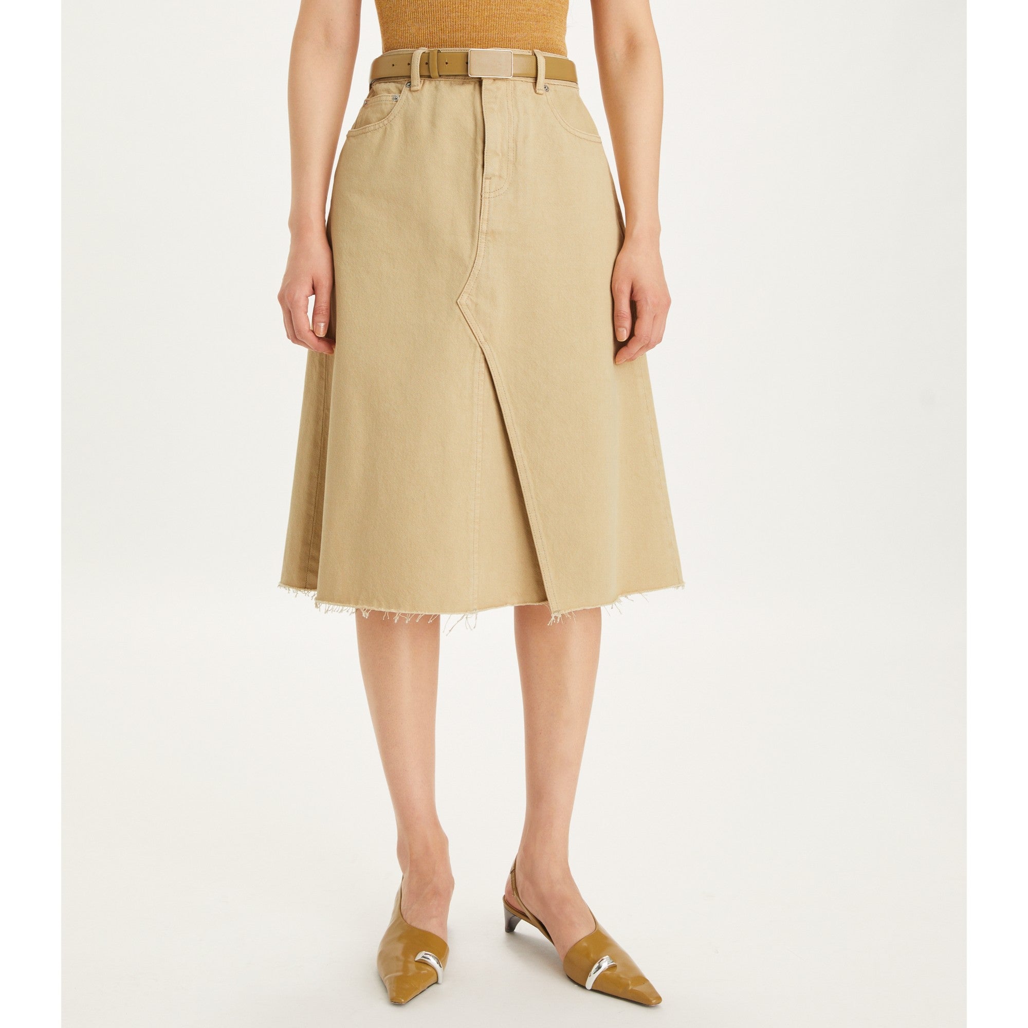 Women Deconstructed Denim Midi Skirt - Khaki