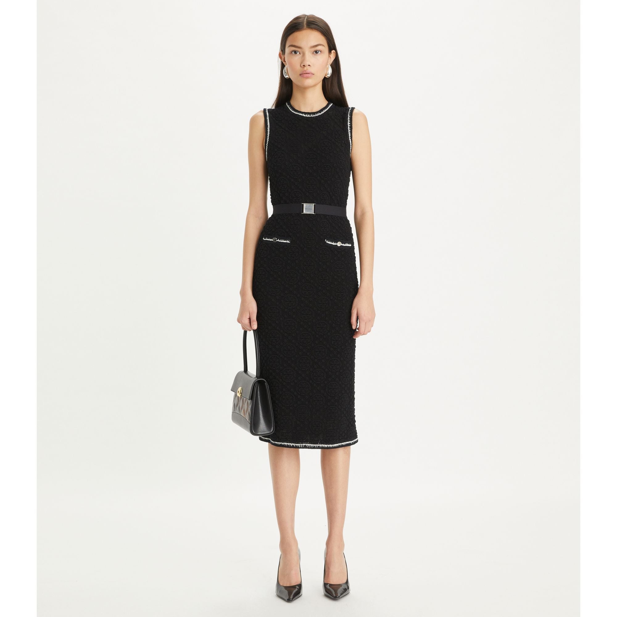Women Cotton Pointelle Knitted Tank Dress - Black