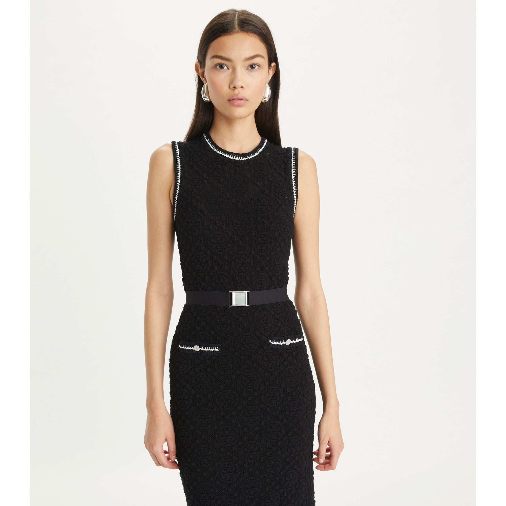 Women Cotton Pointelle Knitted Tank Dress - Black