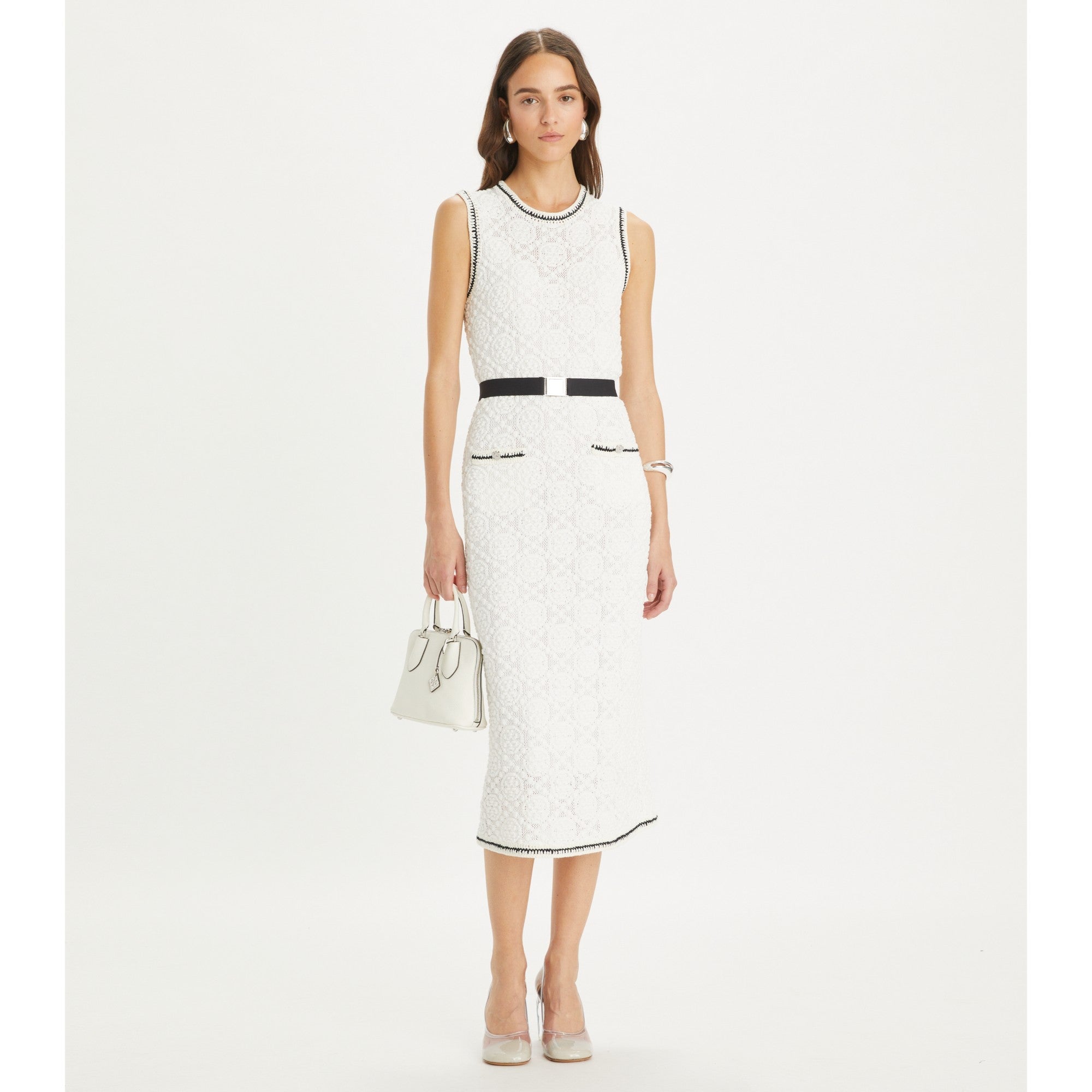 Women Cotton Pointelle Knitted Tank Dress - White