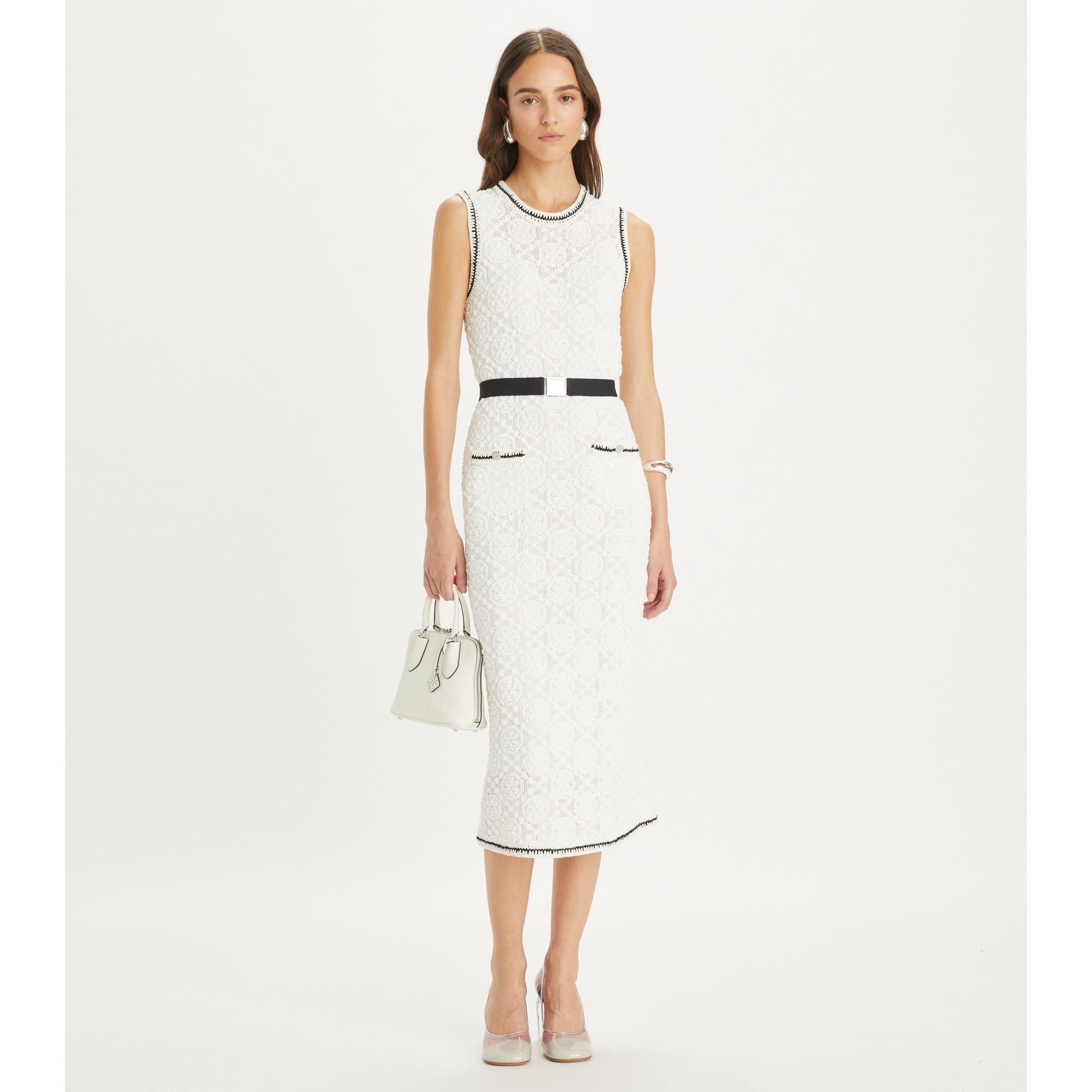 Women Cotton Pointelle Knitted Tank Dress - White
