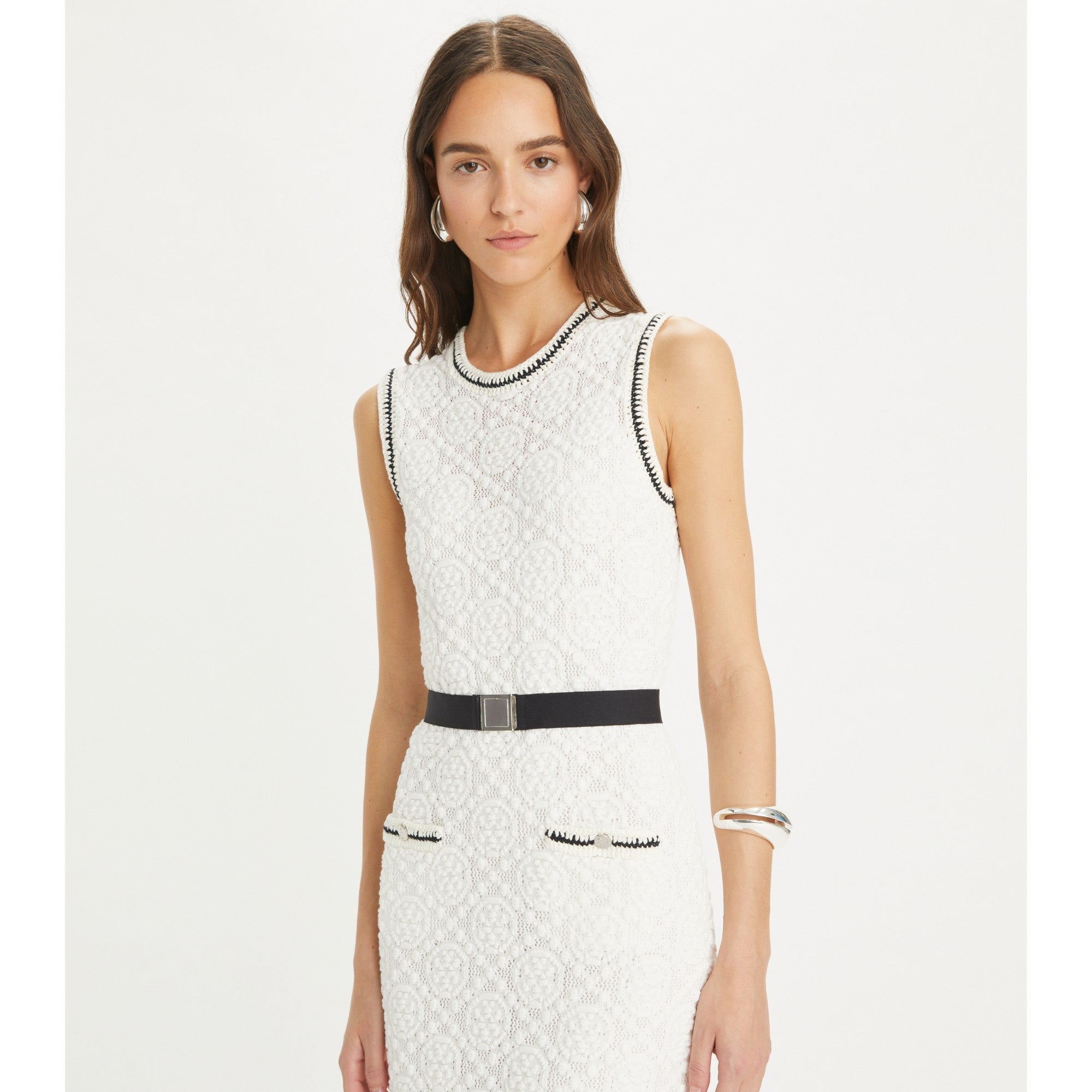 Women Cotton Pointelle Knitted Tank Dress - White