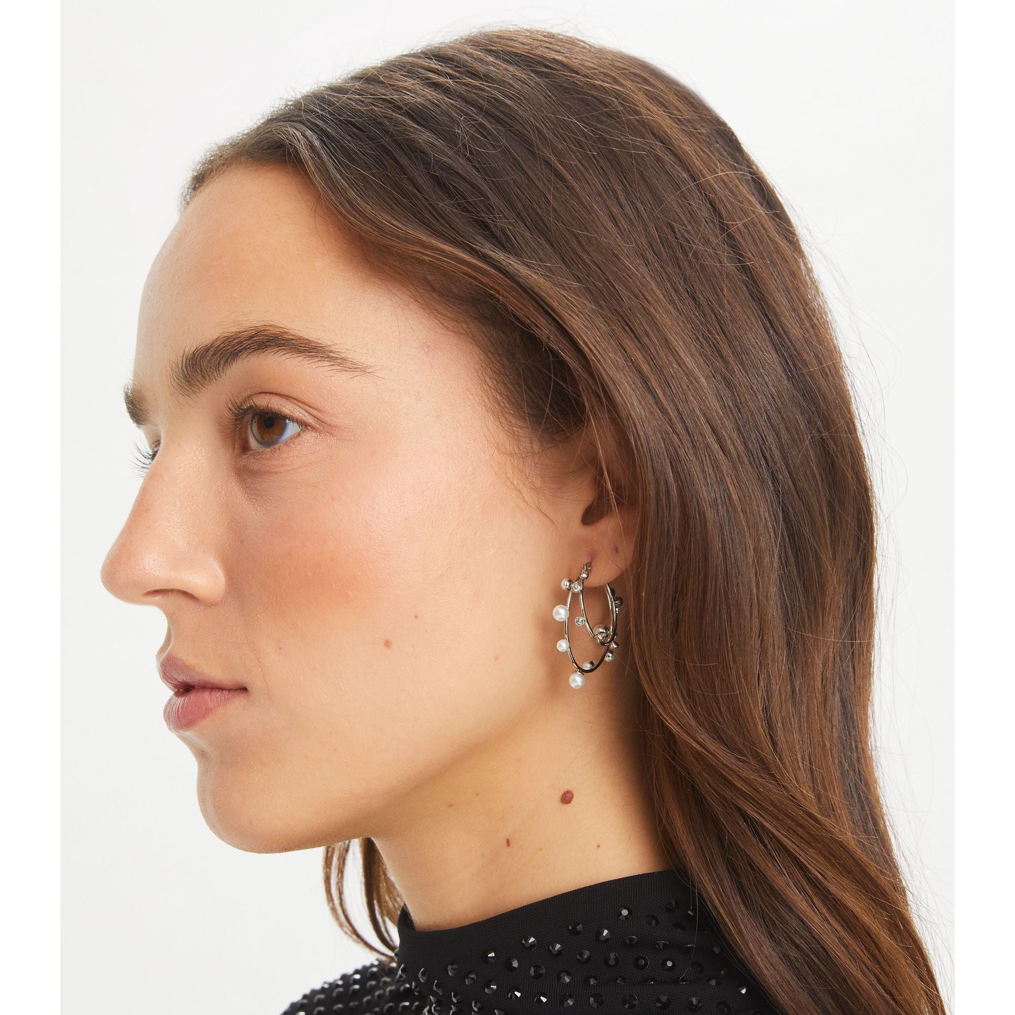Women Crystal Double Hoop Earring - Tory Silver / Pearl / Crystal