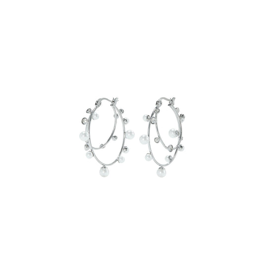 Women Crystal Double Hoop Earring - Tory Silver / Pearl / Crystal