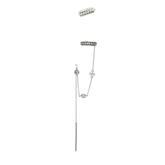 Women Pearl Threader And Ear Cuff - Tory Silver / Crystal / Pearl