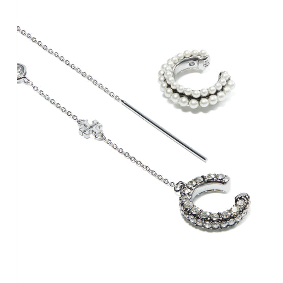 Women Pearl Threader And Ear Cuff - Tory Silver / Crystal / Pearl
