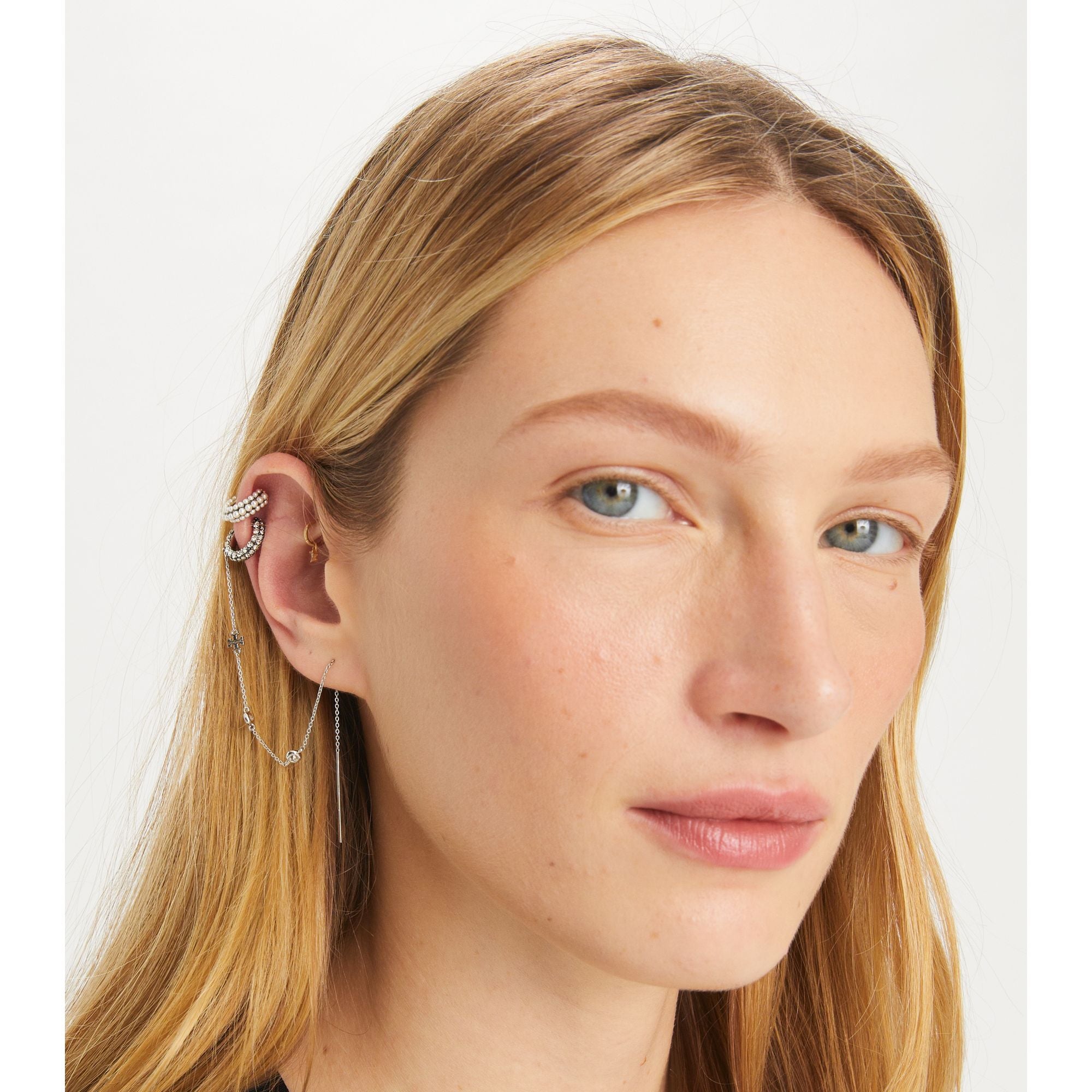 Women Pearl Threader And Ear Cuff - Tory Silver / Crystal / Pearl