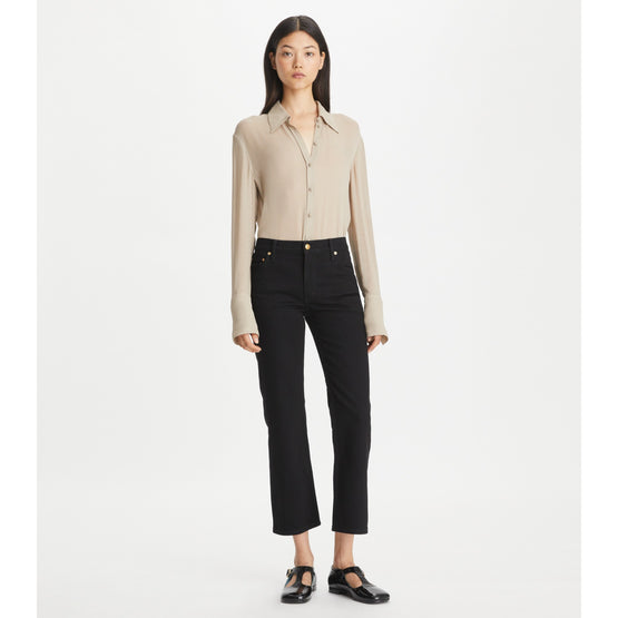 Women Cropped Kick Flare - Black Rinse Wash