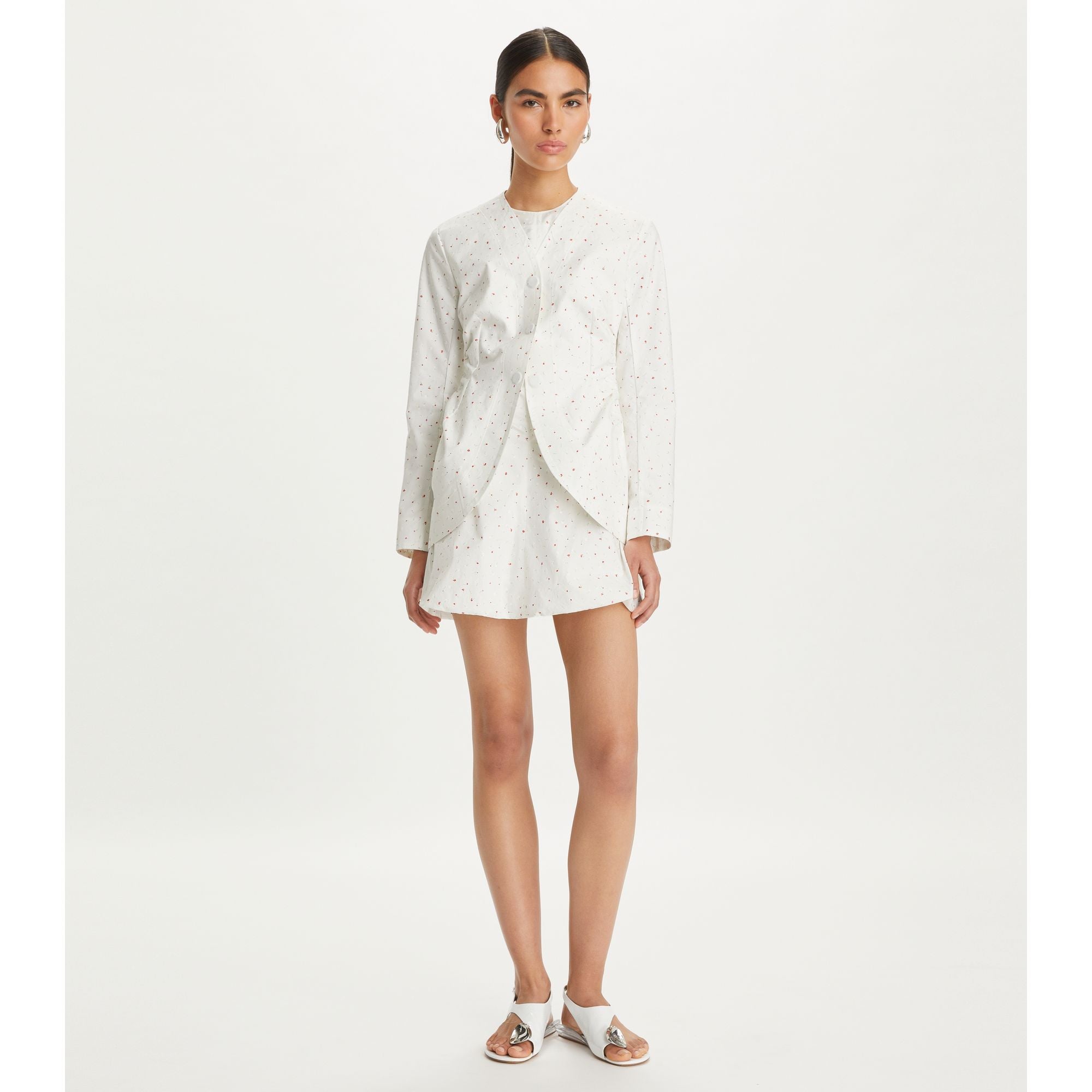 Women Floral Cotton Poplin Jacket - White Ditsy