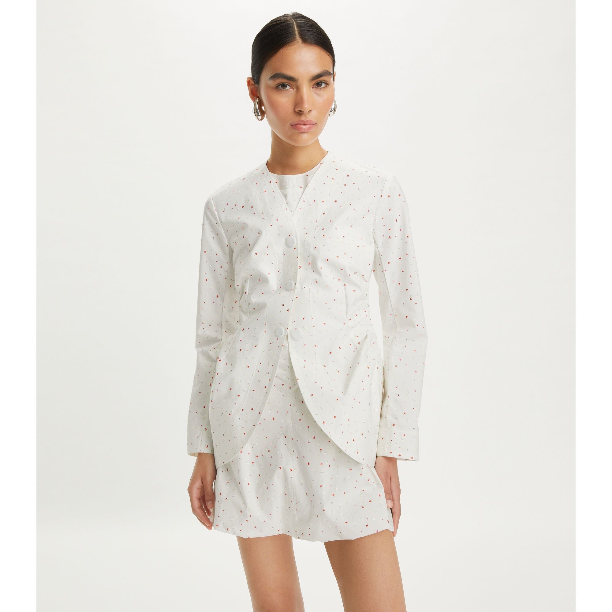 Women Floral Cotton Poplin Jacket - White Ditsy