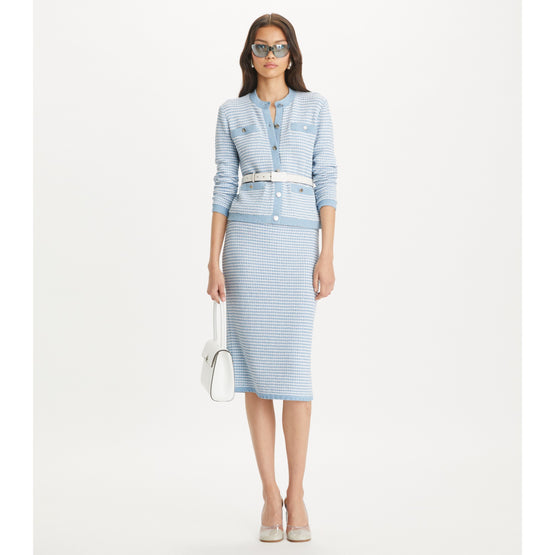 Women Striped Stitch Cotton Midi Skirt - White / Light Blue