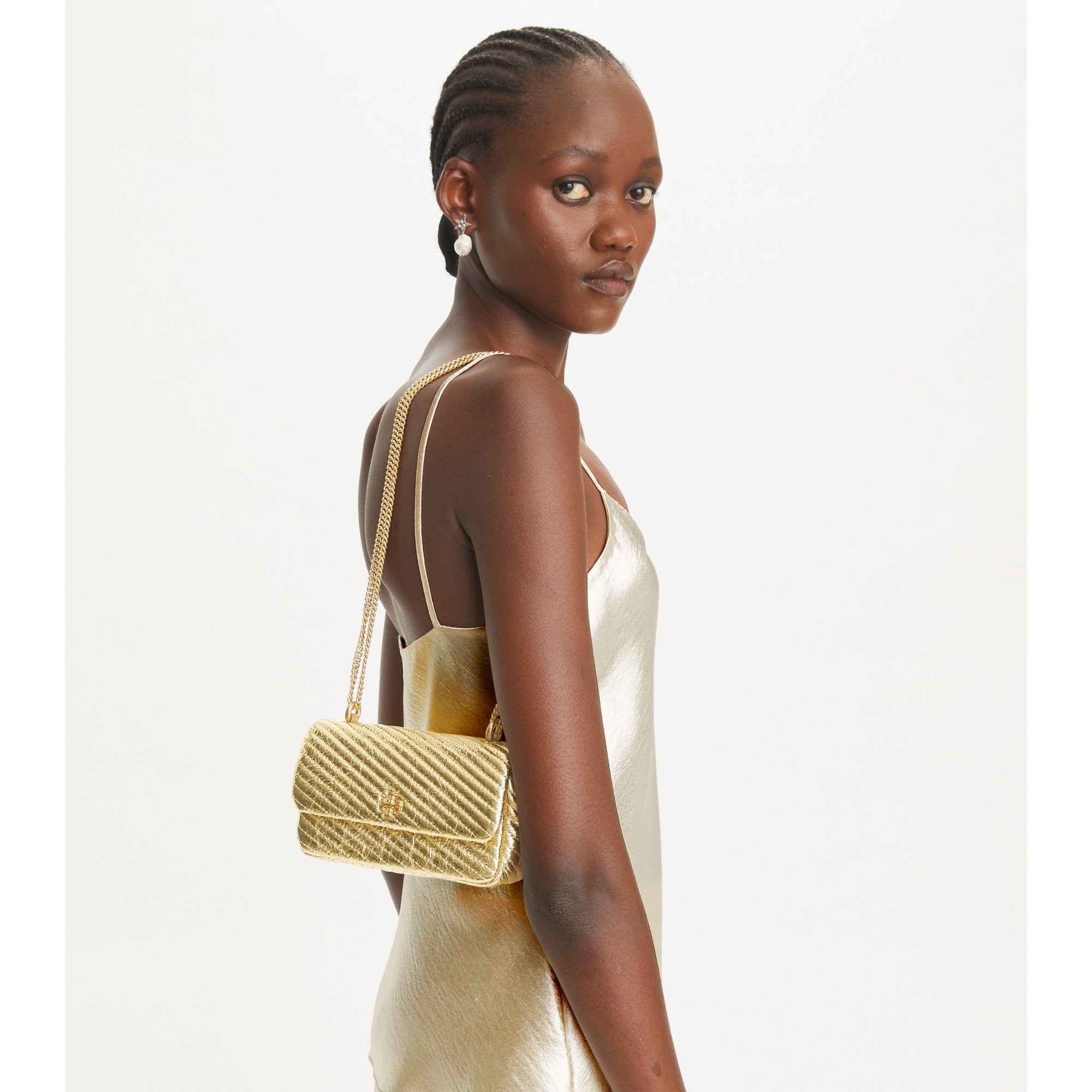 Women Kira Metallic Moto Quilt Mini Flap Bag - Gold