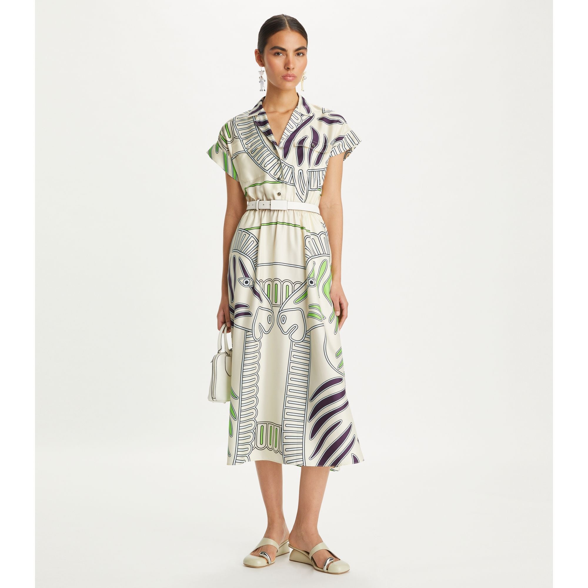 Women Printed Silk Twill Shirtdress - Ivory Zebra
