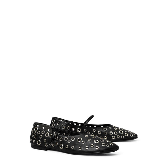 Women Eyelet Mary Jane Ballet - Perfect Black / Silver