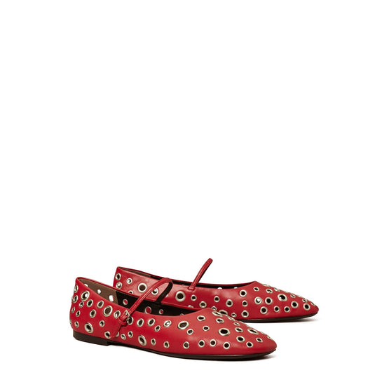 Women Eyelet Mary Jane Ballet - Tory Red / Silver