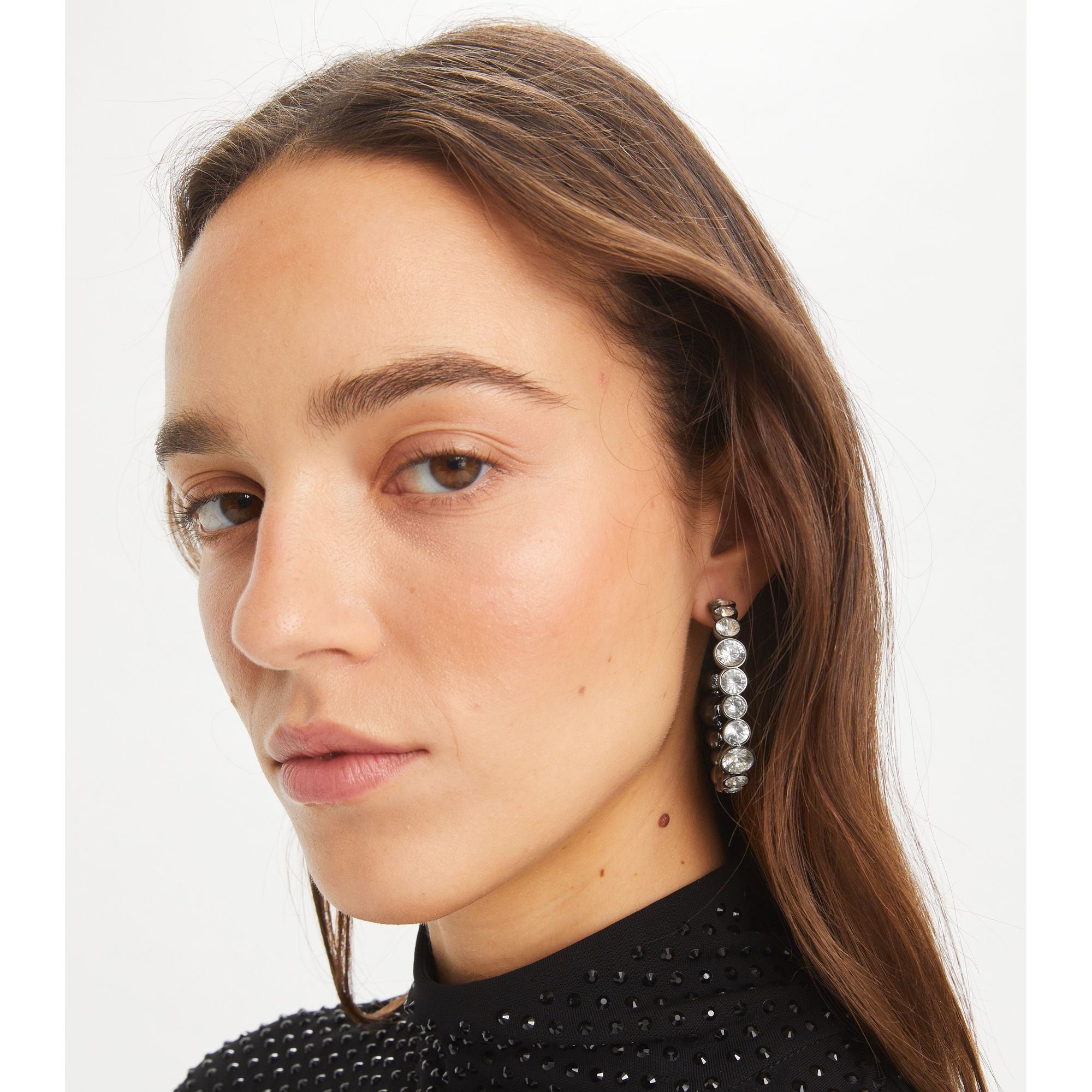 Women Crystal Hoop Earring - Shiny Hematite / Crystal
