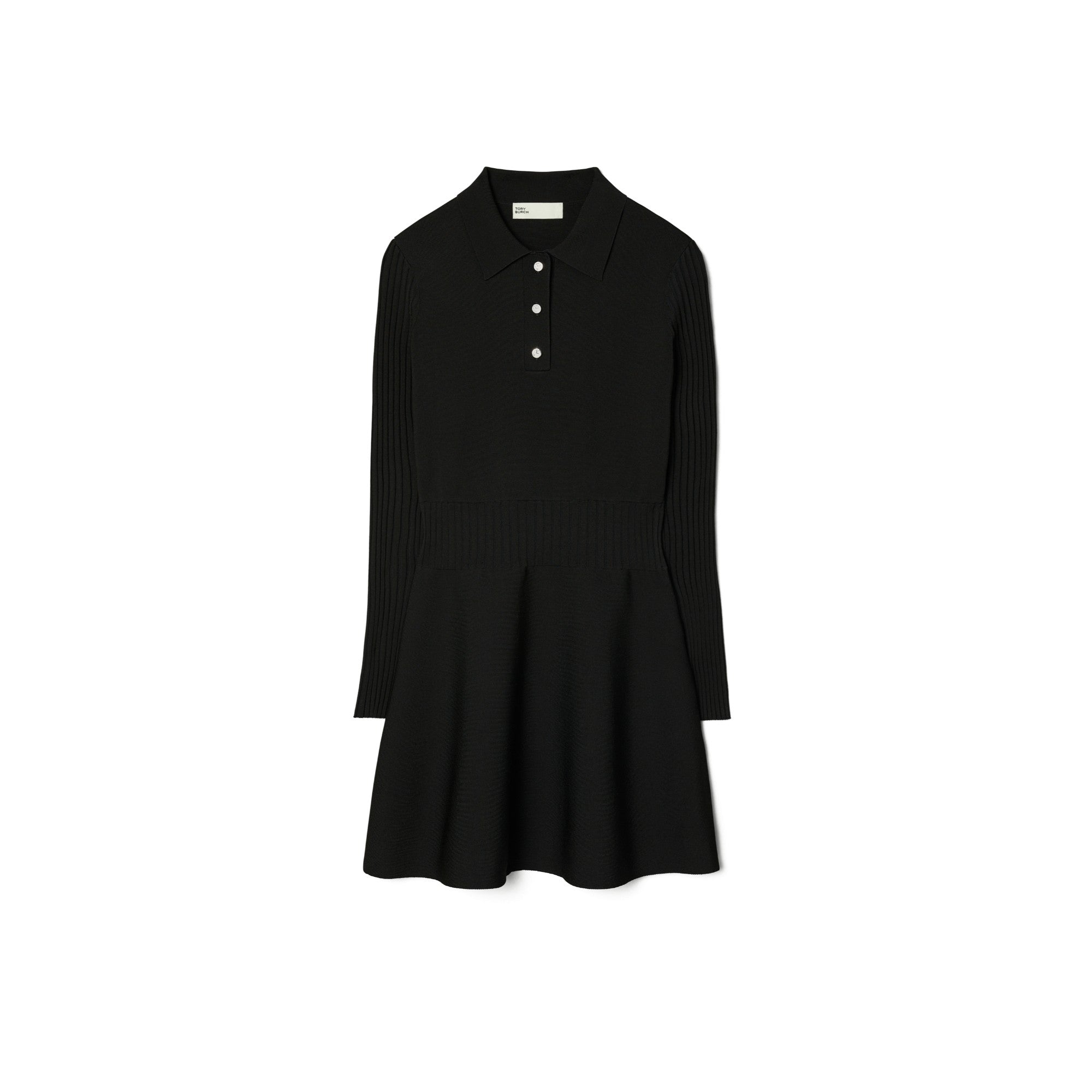 Women Solid Tech Knit Polo Long-Sleeve Mini Dress - Black