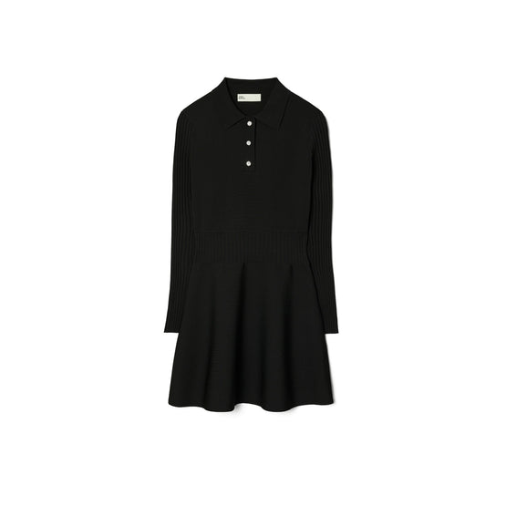 Women Solid Tech Knit Polo Long-Sleeve Mini Dress - Black