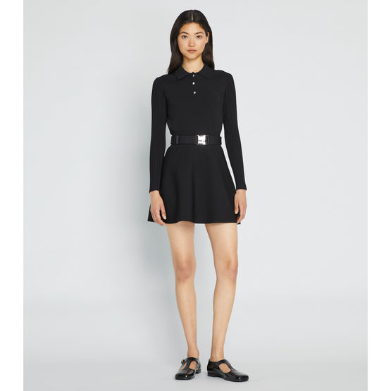 Women Solid Tech Knit Polo Long-Sleeve Mini Dress - Black