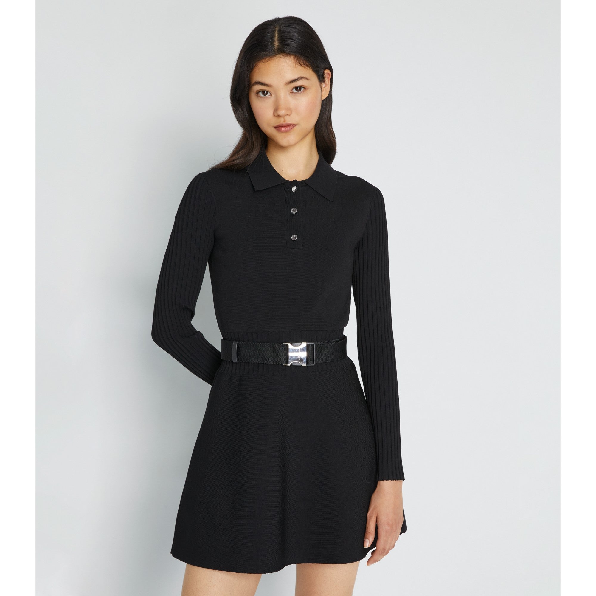 Women Solid Tech Knit Polo Long-Sleeve Mini Dress - Black