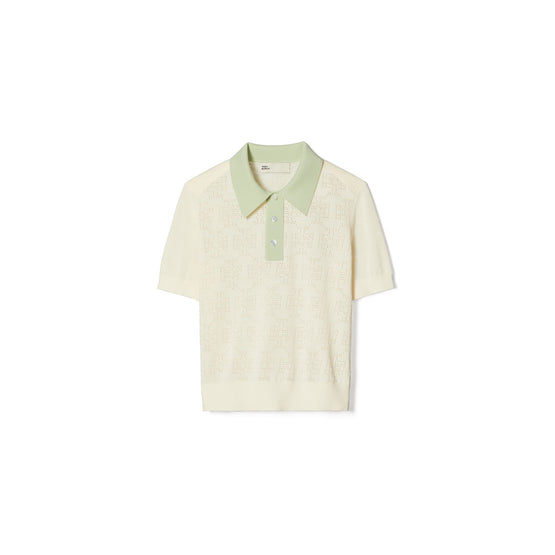 Women Cotton Pointelle Logo Polo - New Ivory / Light Peppermint