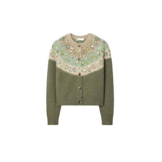 Women Embellished Wool Cardigan - Gray / Green Melange