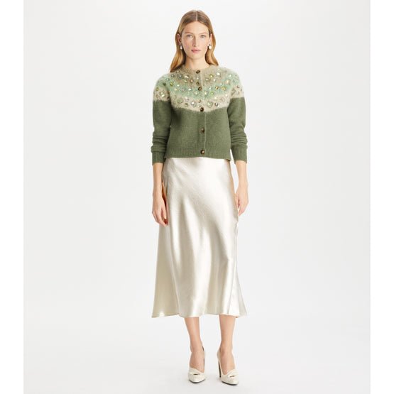 Women Embellished Wool Cardigan - Gray / Green Melange