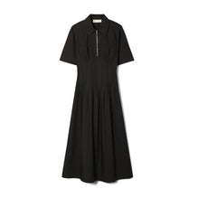 Women Poplin Pleat-Waist Dress - Black