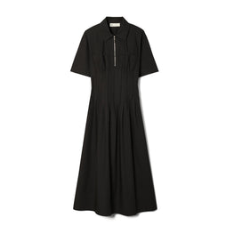 Women Poplin Pleat-Waist Dress - Black