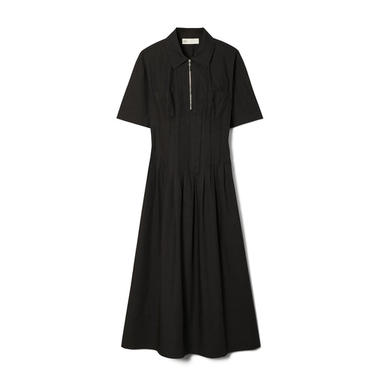 Women Poplin Pleat-Waist Dress - Black