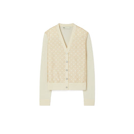 Women Cropped Silk Front Cardigan - French Cream / Gold T Monogram